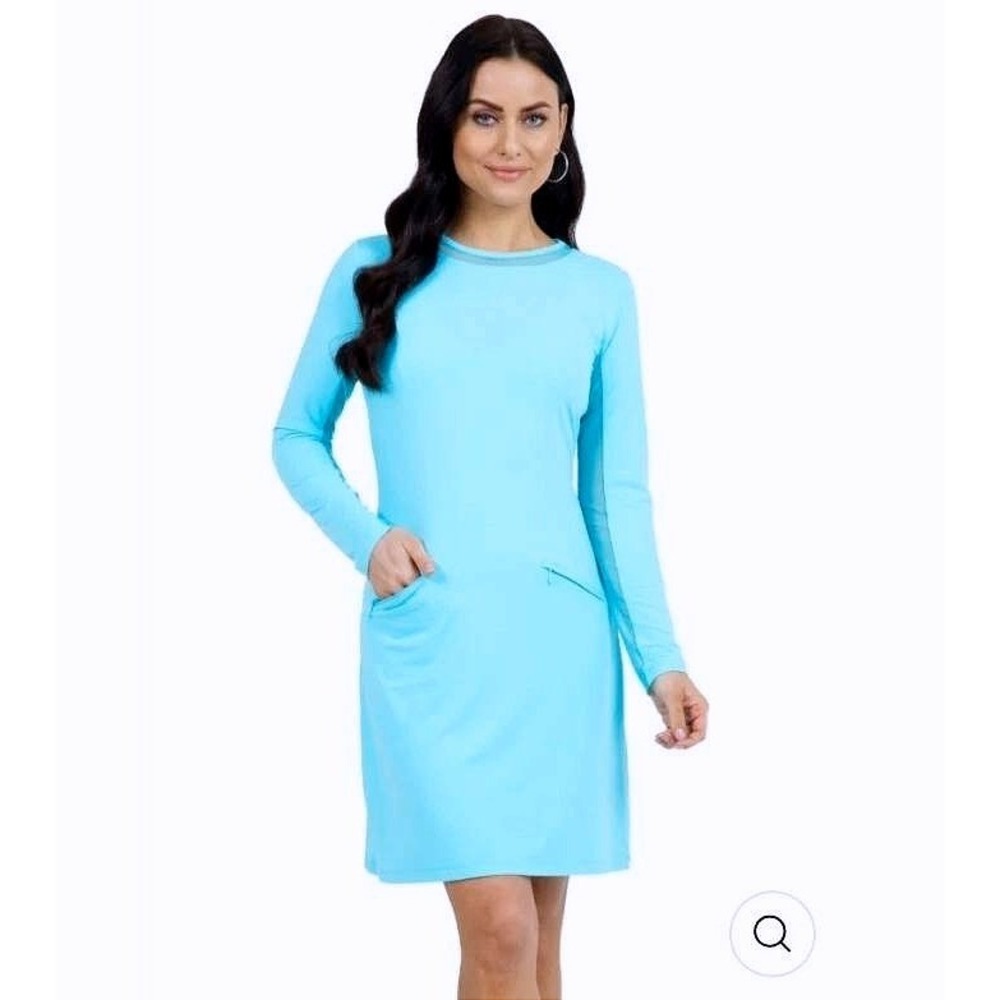 IBKUL Golfโ Dress Athleisure Turquoise Blue Long Sleeve Mesh UPF 50+ Pockets XS